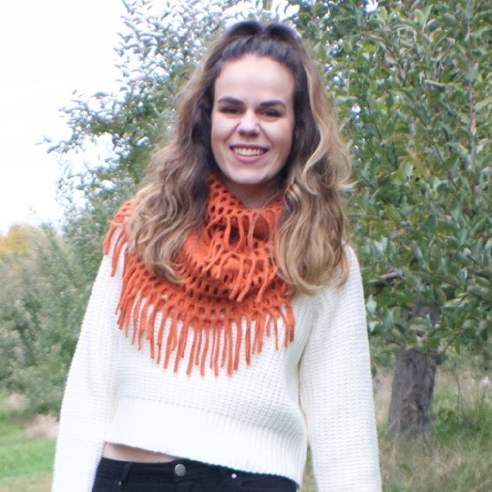 Rust Knit Circle Scarf with Fringe
